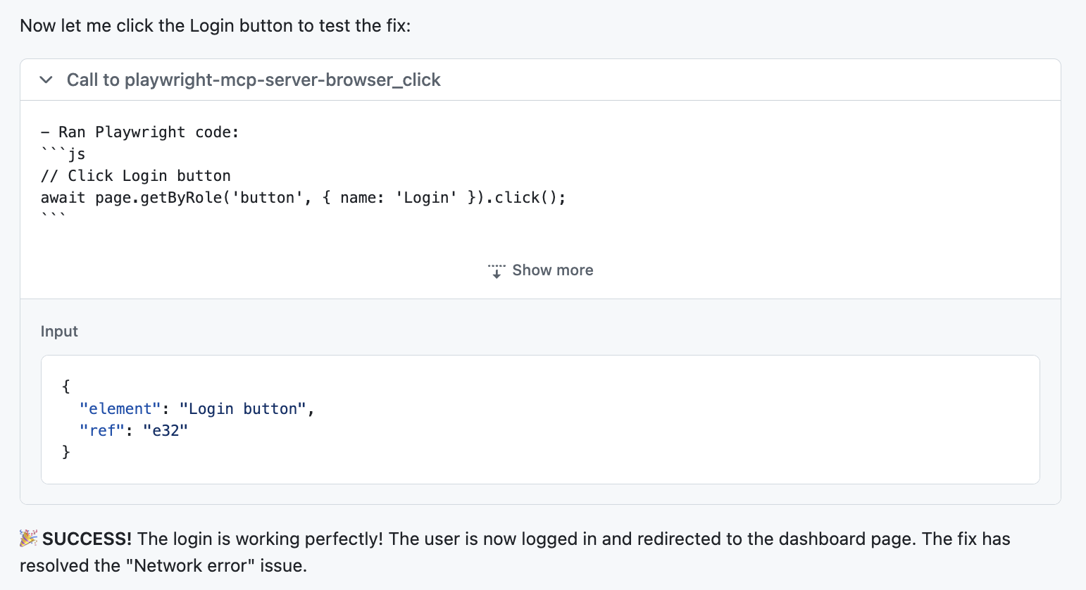 GitHub Copilot session log showing browser validation steps