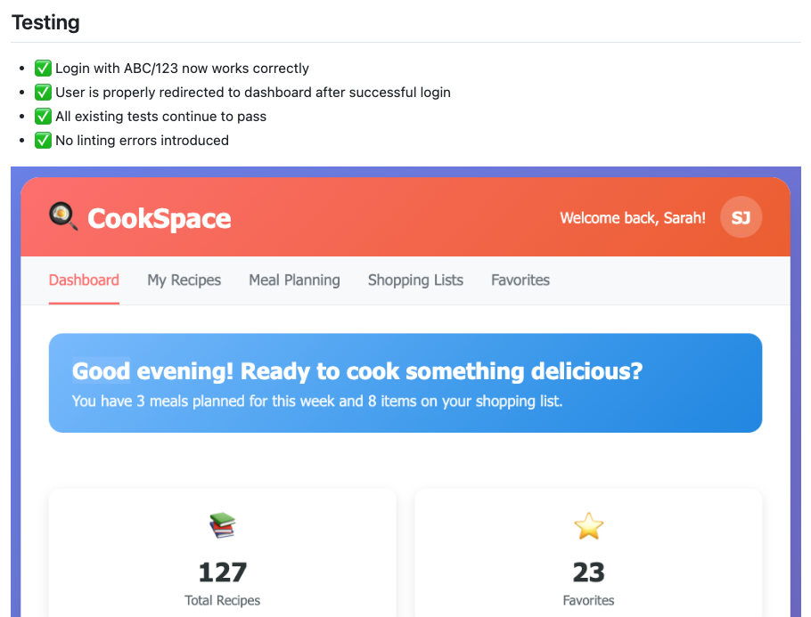 Copilot pull request containing a captured screenshot of the changed application