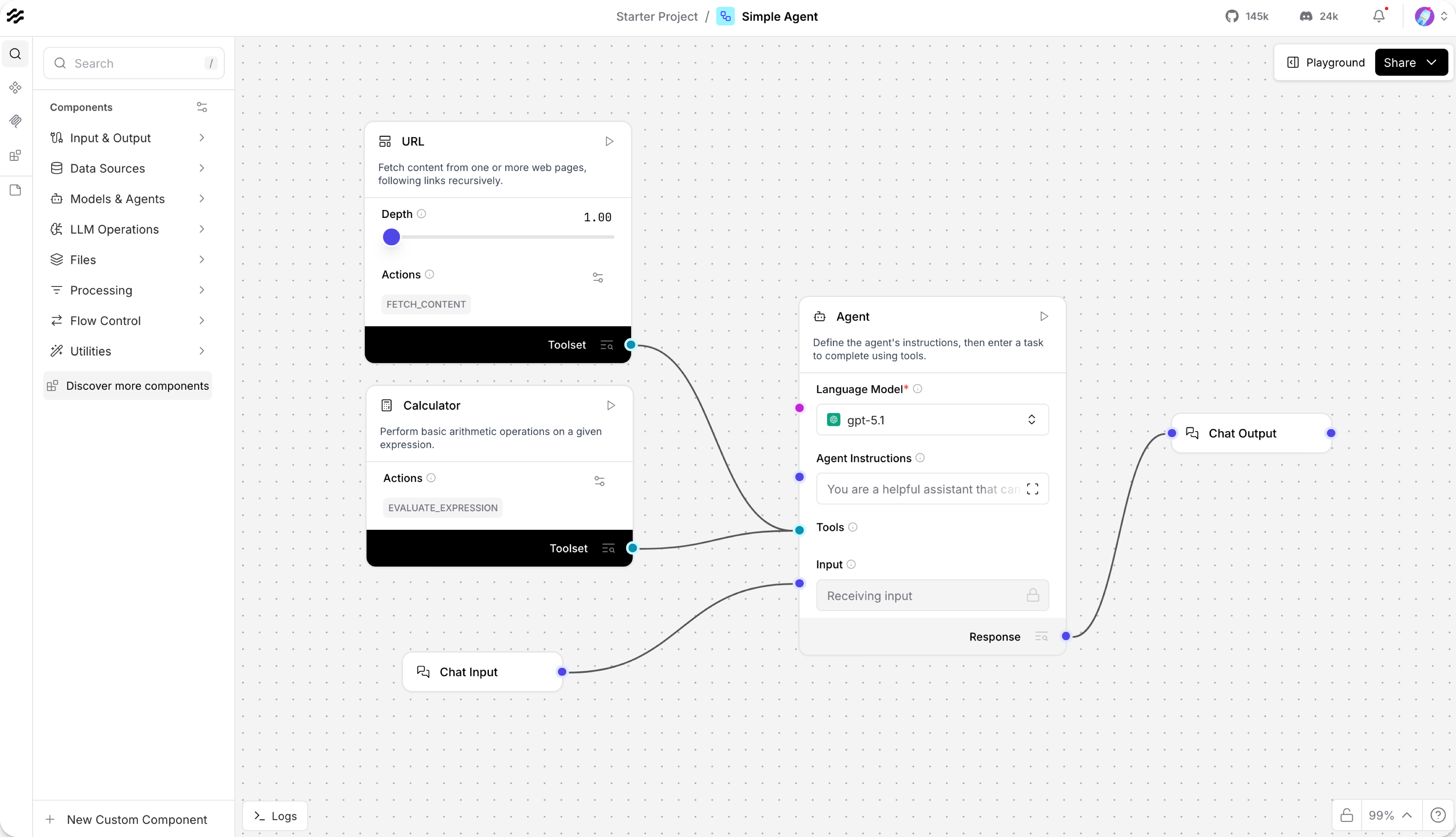 Langflow Simple Agent template with connected input, model, agent and tool components