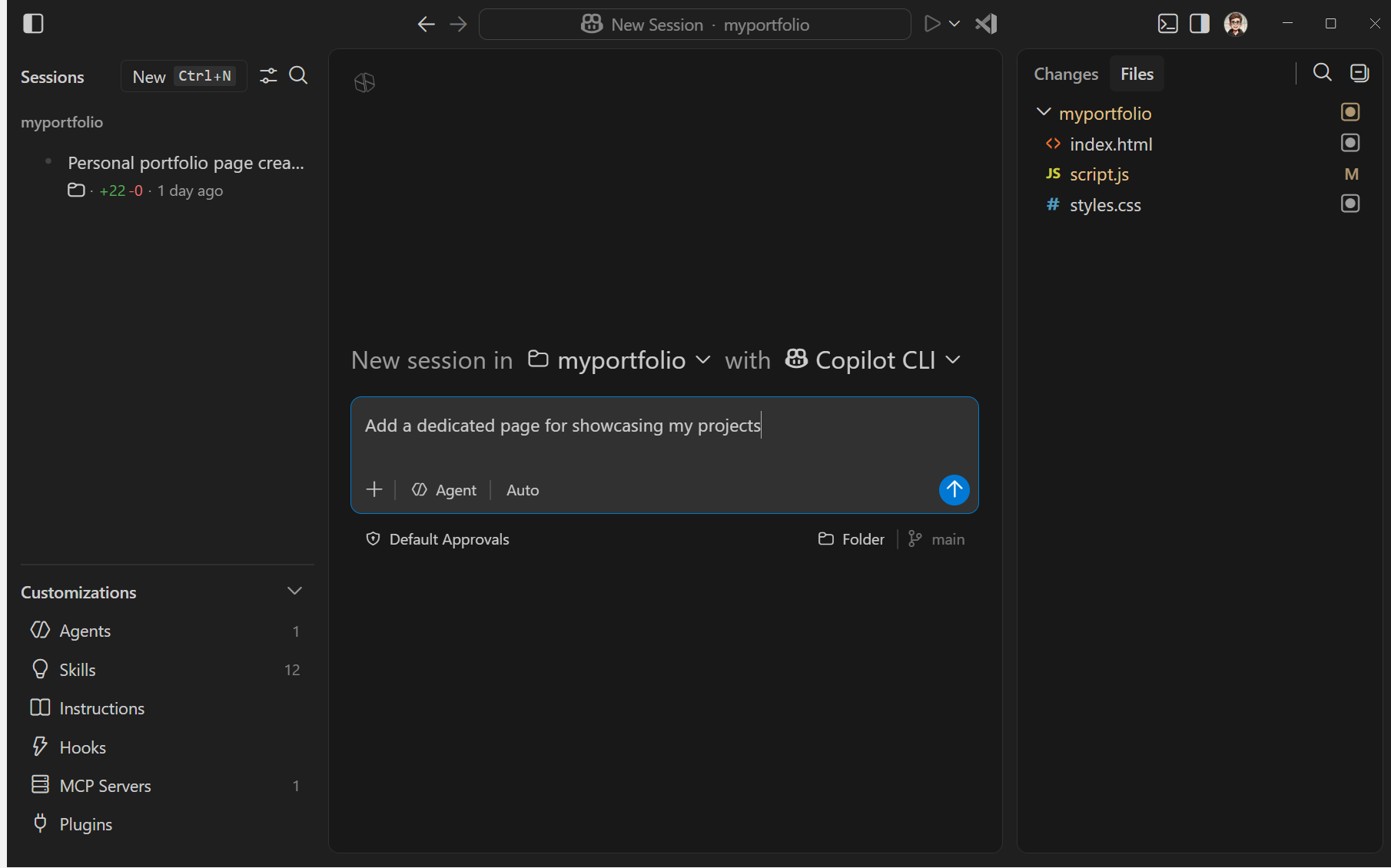 VS Code Agents window showing the new-session control and sidebar